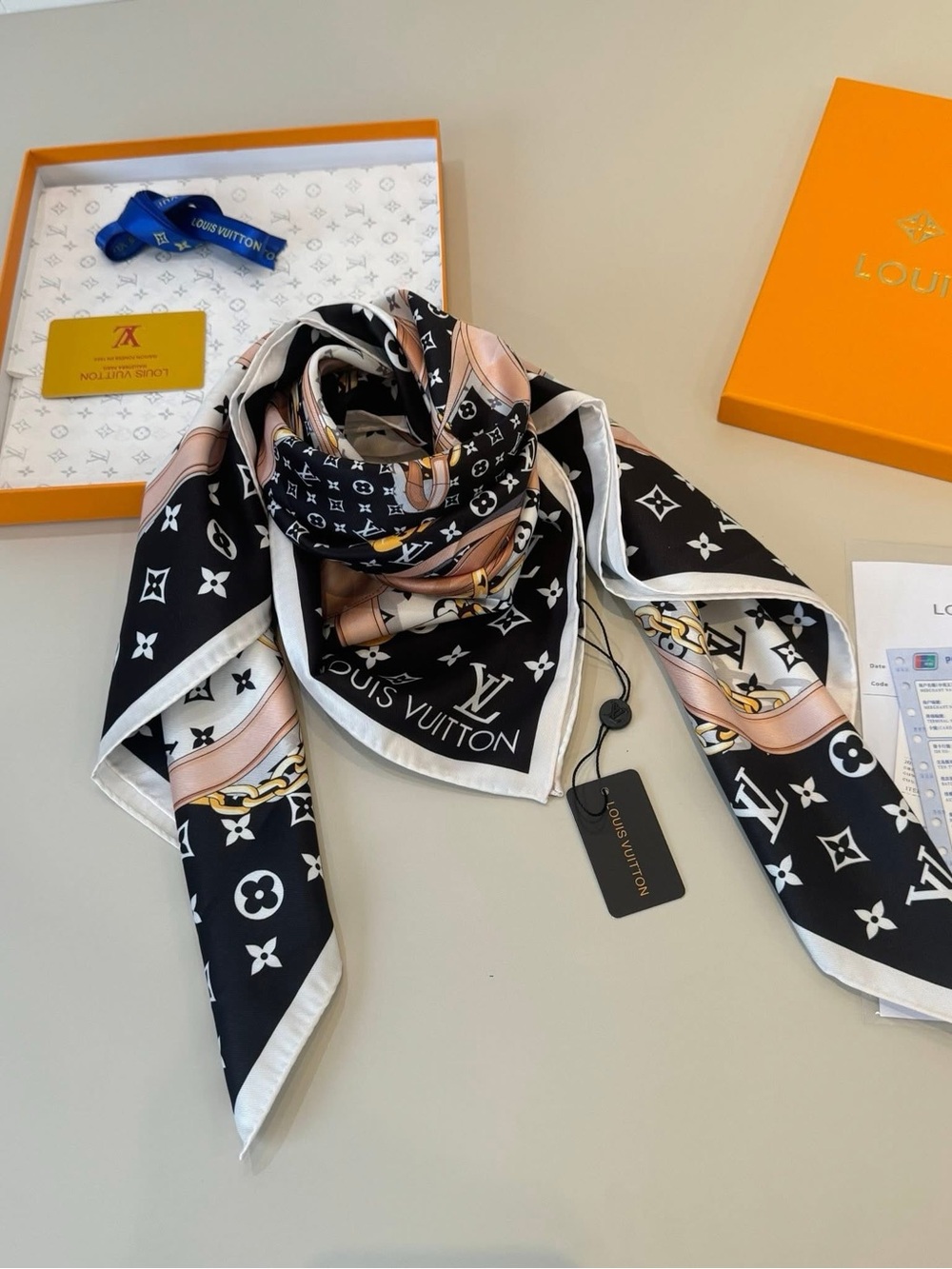 Louis Vuitton Black, Pink & Cream Monogram Silk Scarf Wrap